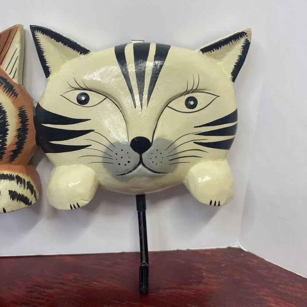 Vintage Wood, Three Cat Coat Hanger Wall Hanger Painted